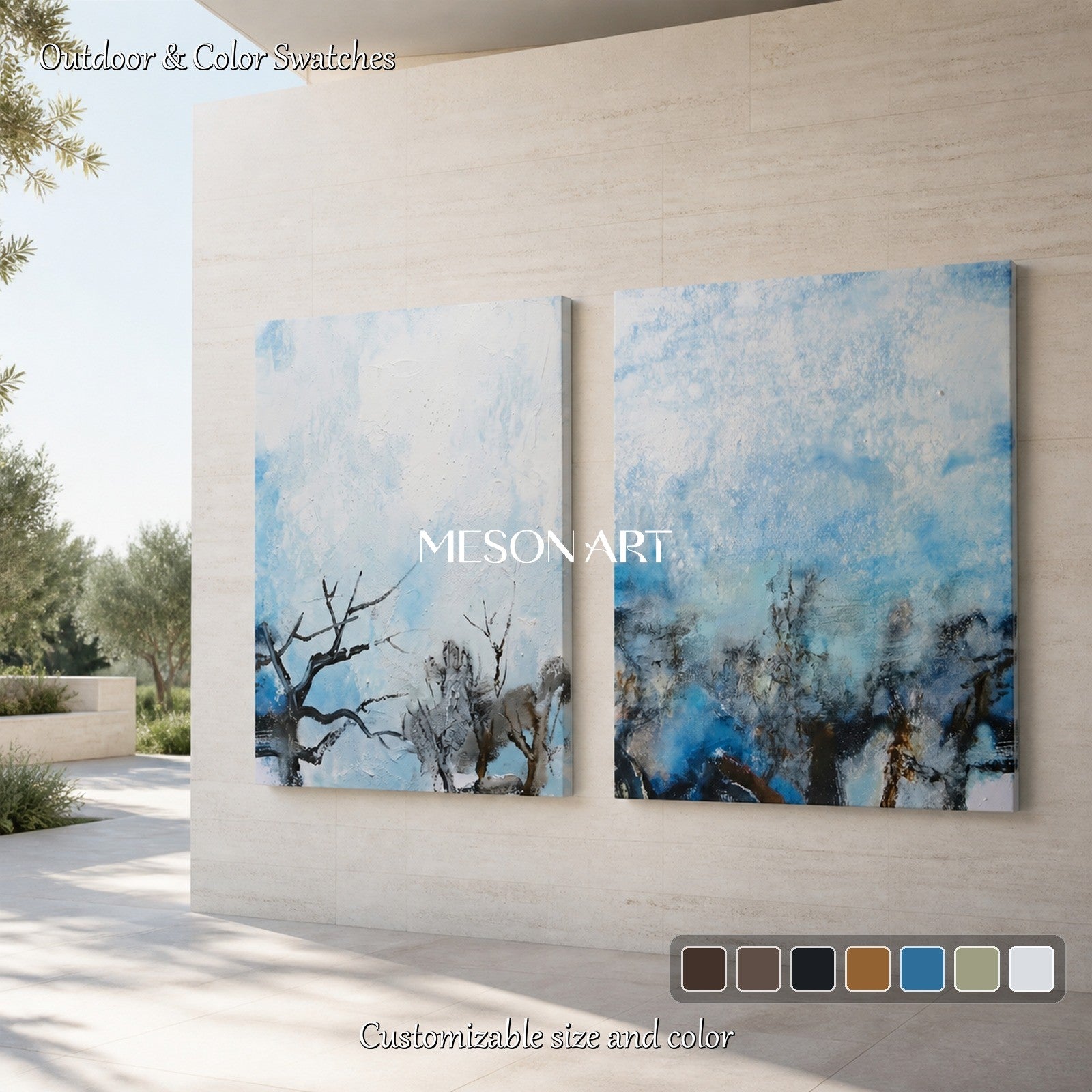Blue And White Textured Abstract Landscape Painting Rectangular Wall Art For Living Room By Mesonart