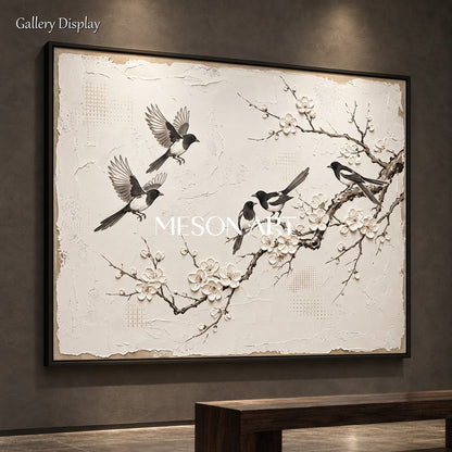 White And Black Magpie Plum Blossom Painting Rectangular Wall Art Original Artist Hand Painted By Mesonart