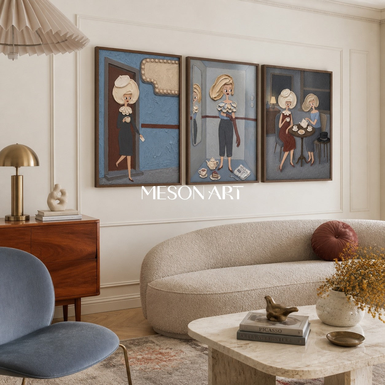 Elegante trittico in stile Pop Art con figure in rilievo per un arredamento moderno