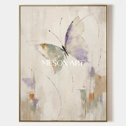 Minimalist Butterfly Abstract Painting In Violet Beige For Modern Home Decor