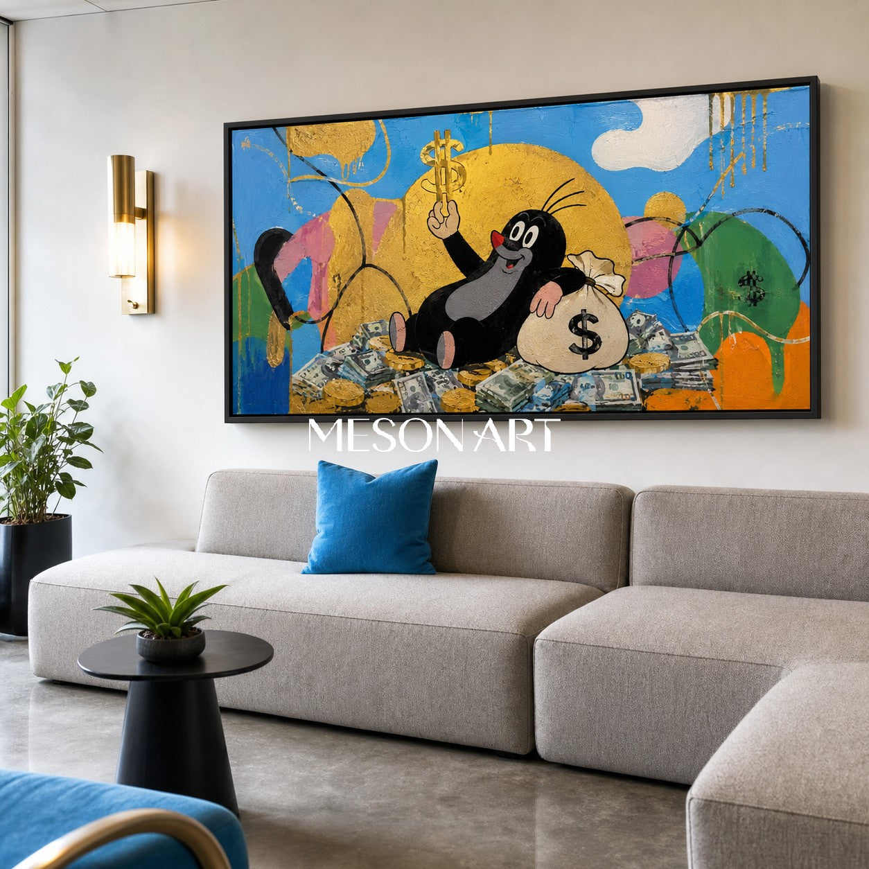 Golden Fortune Fable Pop Art Painting With Cartoon Character For Modern Living Room Decor