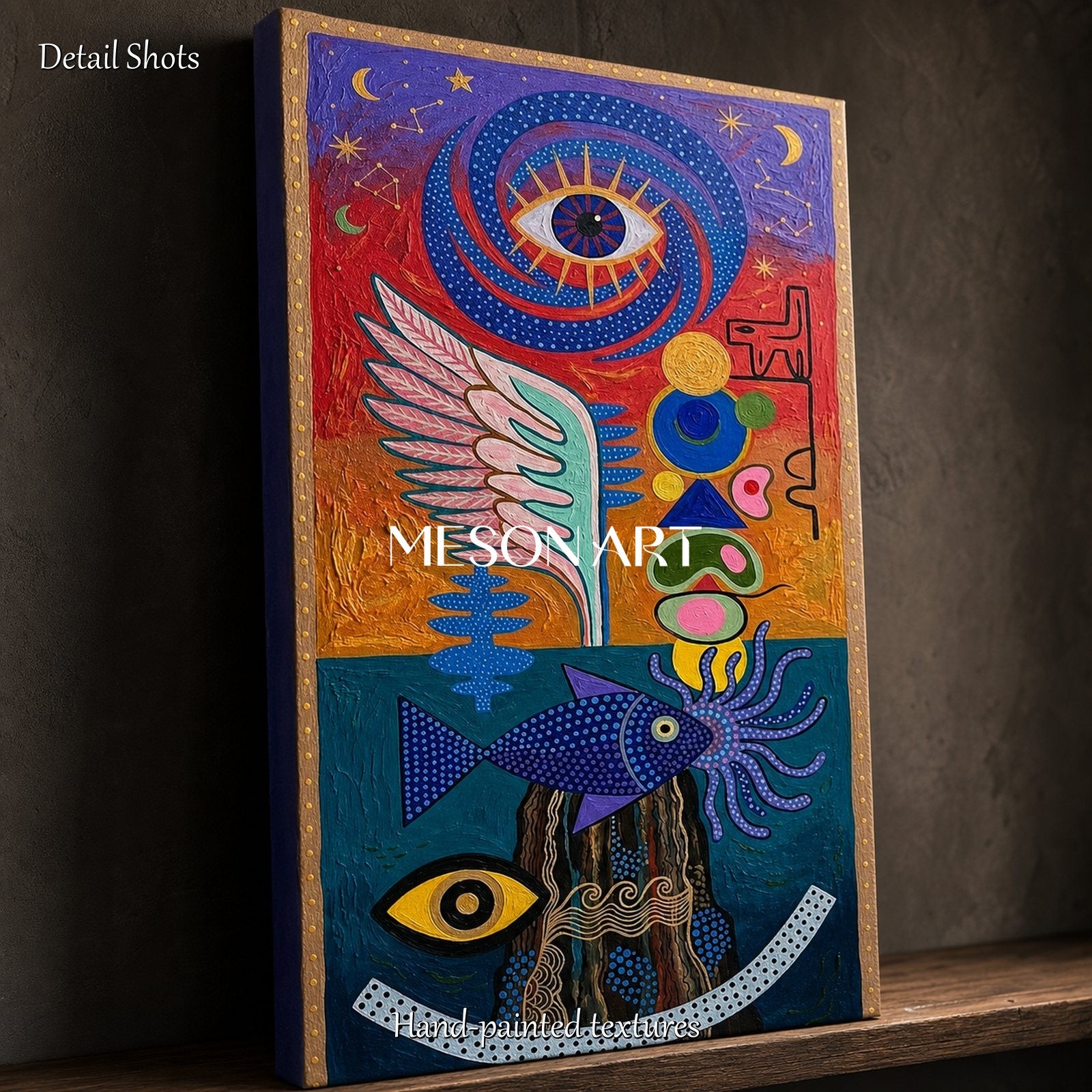 Surrealist Abstract Painting With Cosmic Symbols For Modern Living Room Decor