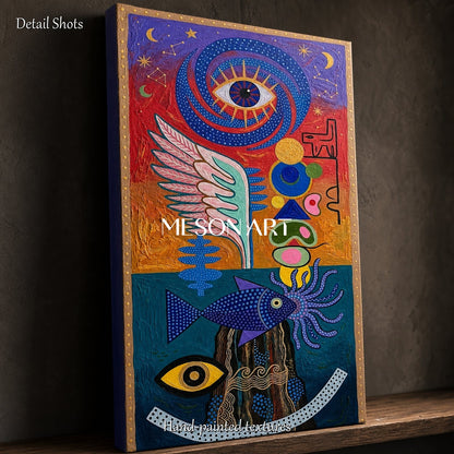 Surrealist Abstract Painting With Cosmic Symbols For Modern Living Room Decor