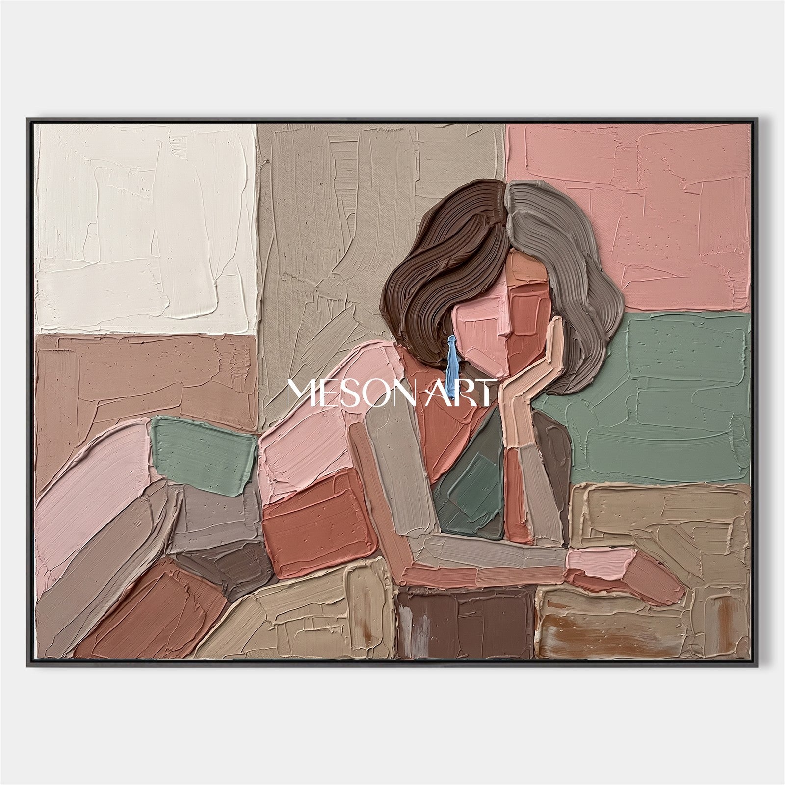 Pink And Brown Painting Modern Portrait Contemporary Figurative Art Original Artist Hand Painted Rectangular Wall Decor For Living Room By Mesonart