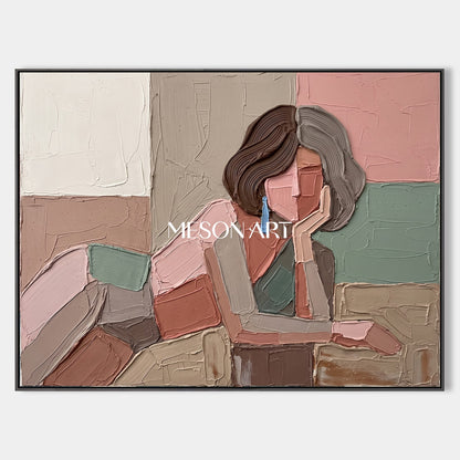 Pink And Brown Painting Modern Portrait Contemporary Figurative Art Original Artist Hand Painted Rectangular Wall Decor For Living Room By Mesonart