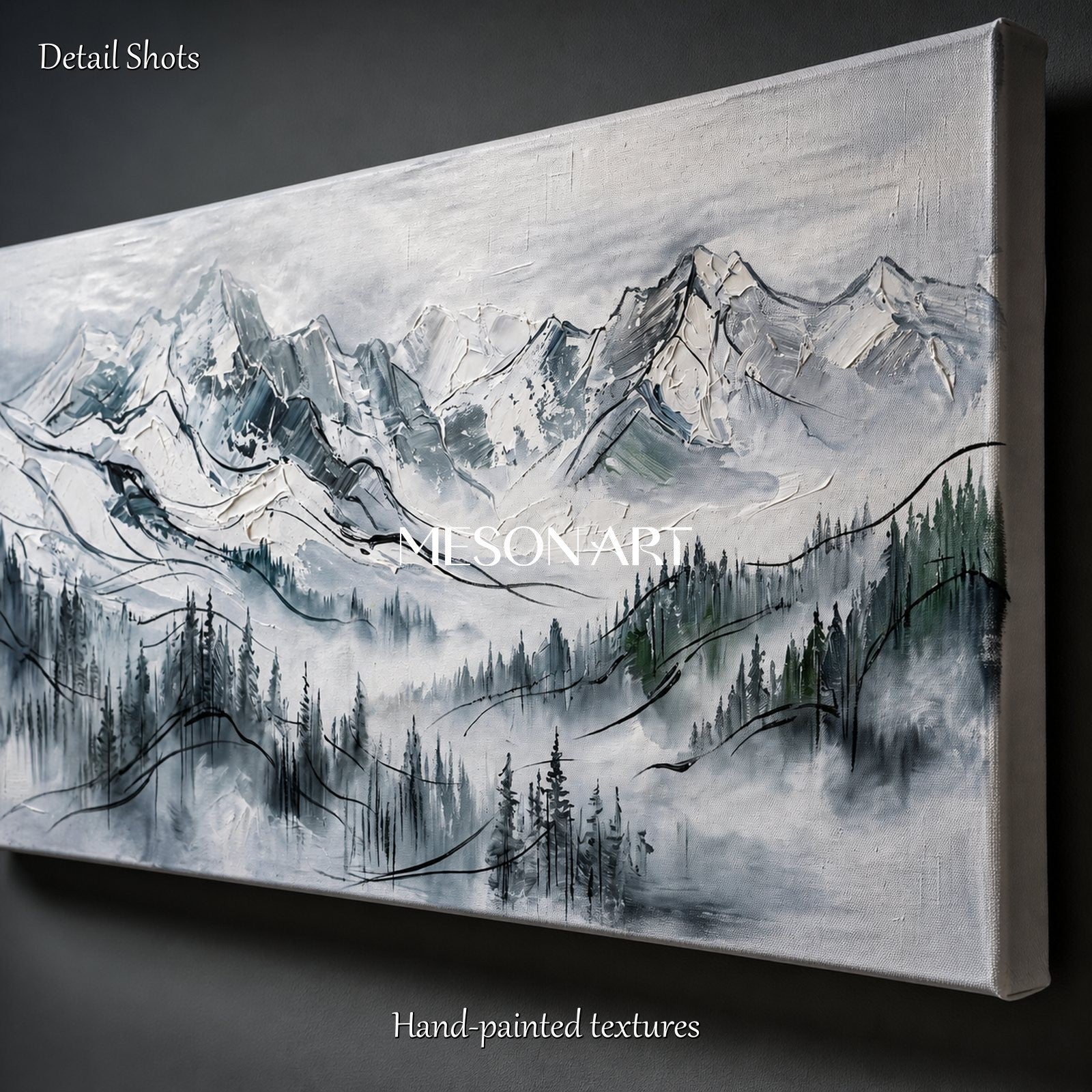 White And Black Mountain Landscape Painting Contemporary Textured Panoramic Art By Mesonart