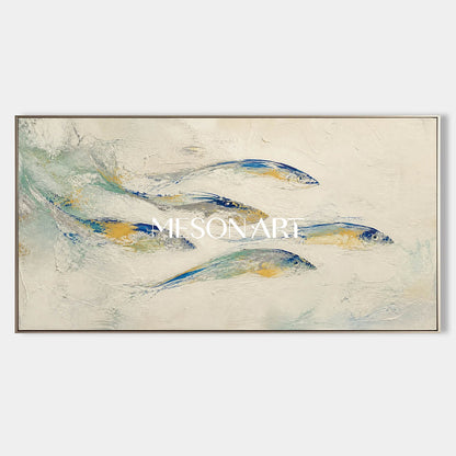 Abstract Blue Fish Painting On Linen Canvas With Textured Finish For Coastal Living Room Decor