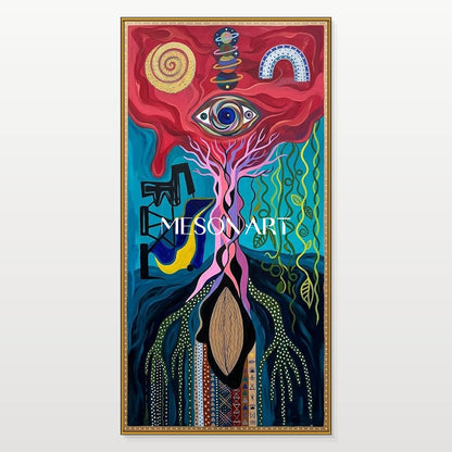 Surrealist Cosmic Eye Painting With Mystical Roots For Modern Eclectic Living Room Decor
