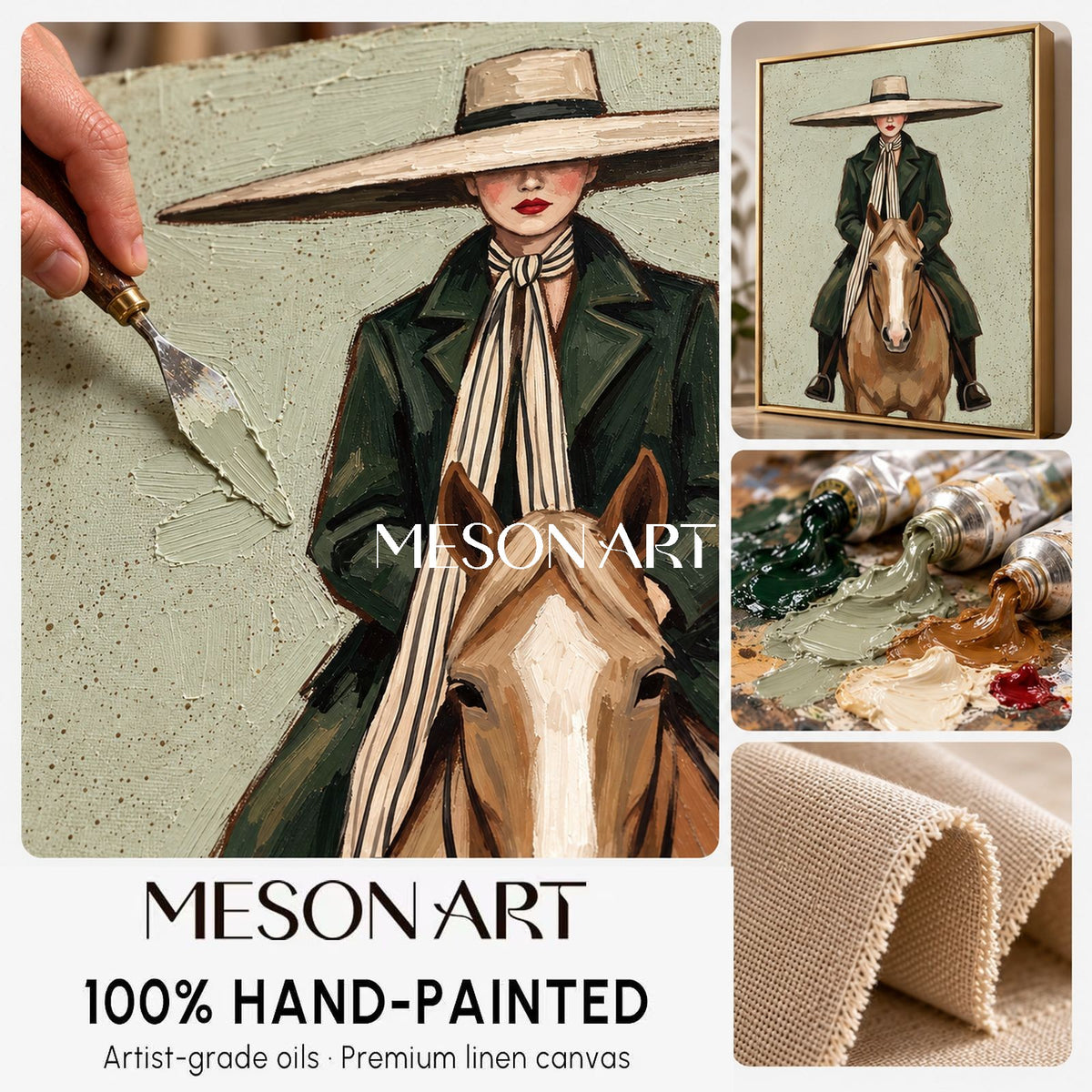 Green And Brown Vintage Cowboy Painting Rectangular Wall Art Original Artist Hand Painted For Living Room By Mesonart