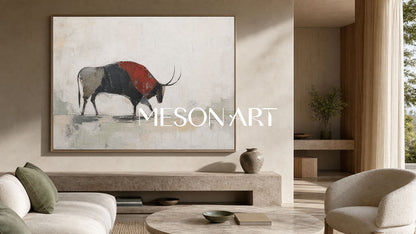 Minimalist Abstract Bison Painting In Beige And Black For Modern Living Room Wall Decor