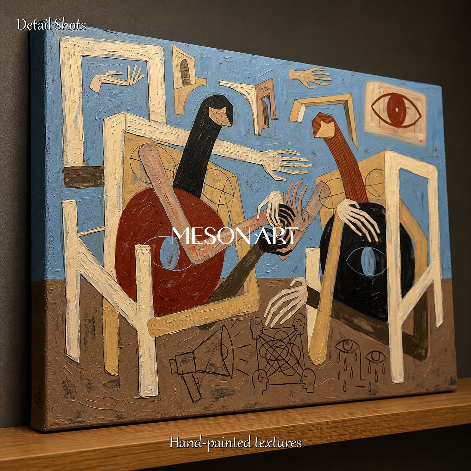 Blue And Brown Abstract Expressionist Figurative Painting Rectangular Wall Art For Living Room By Mesonart