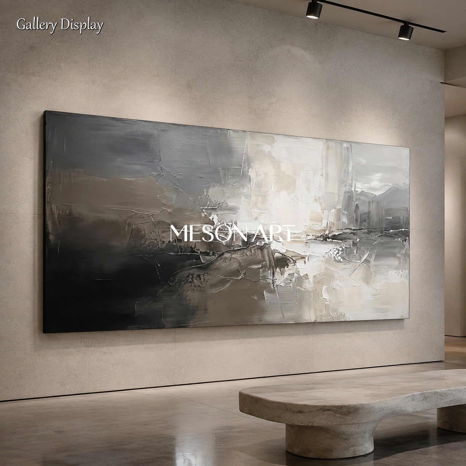 Gray And White Abstract Painting Large Panoramic Wall Art For Living Room By Mesonart