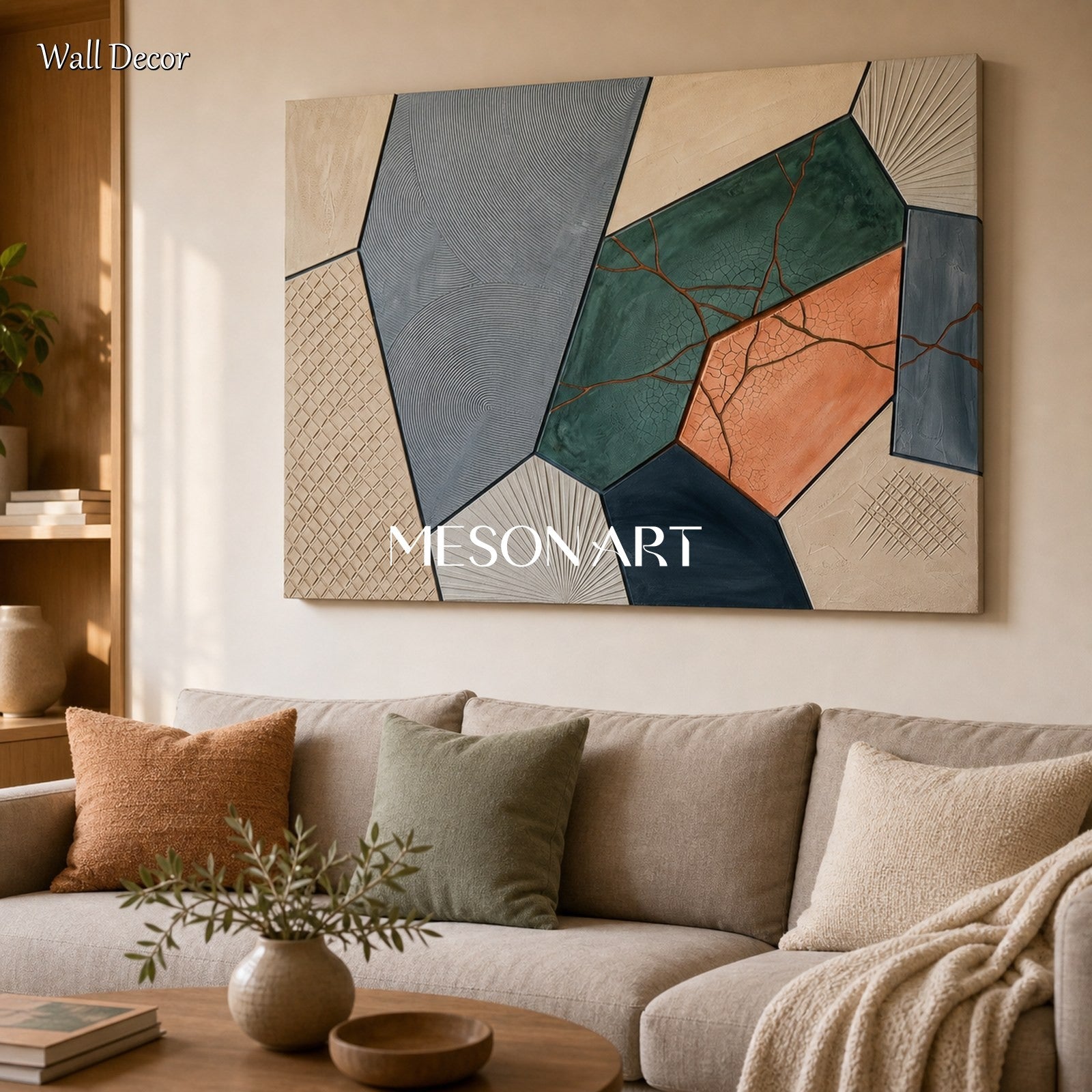 Textured Plaster Art With Cracked Finish For Modern Living Room Decor