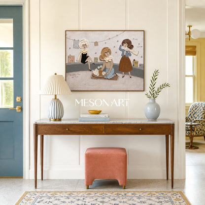 Textured Pop Art Painting With Retro Fashion Girls For Modern Living Room Decor