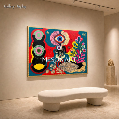 Surrealist Abstract Painting With Cosmic Symbols In Red And Blue For Modern Living Room Decor