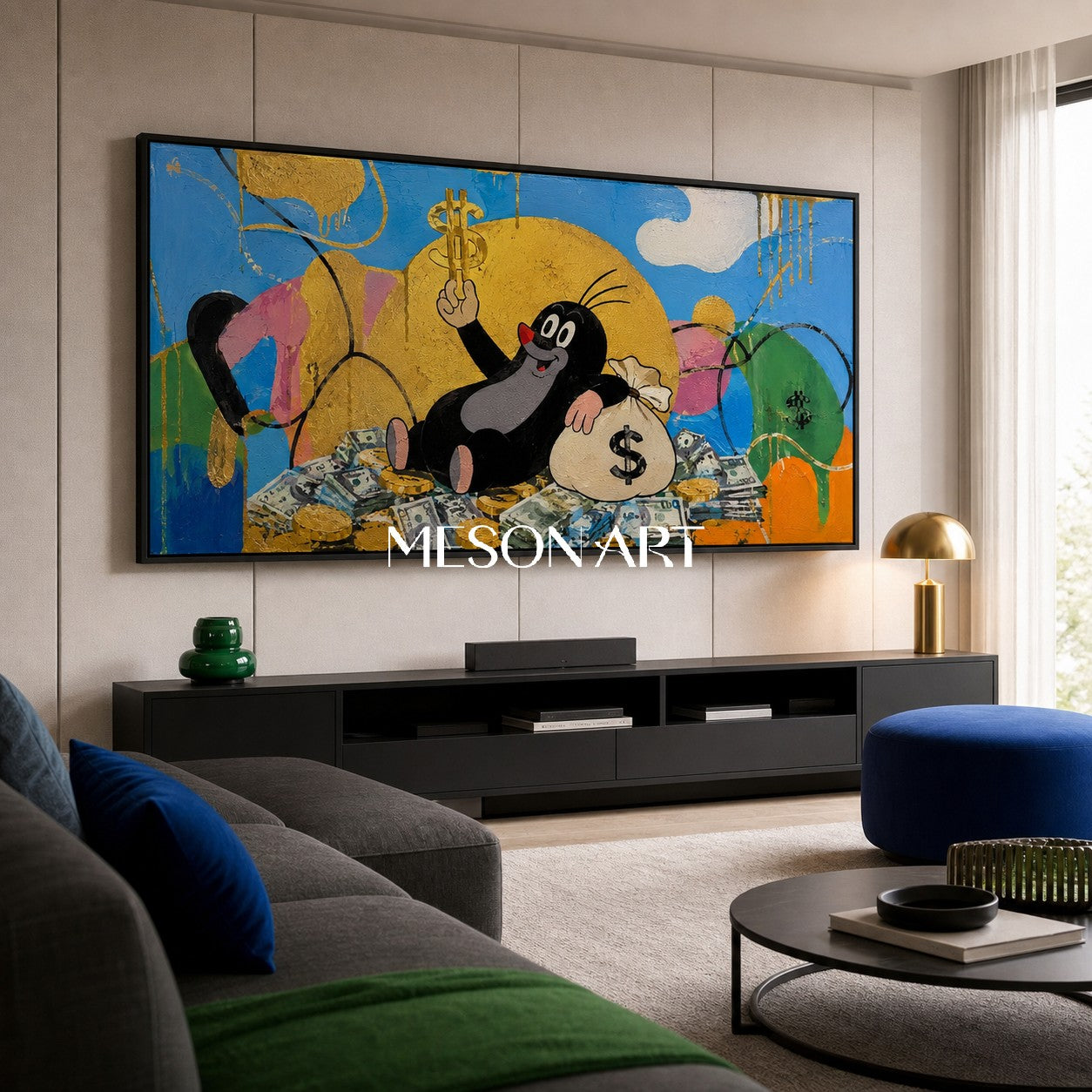 Golden Fortune Fable Pop Art Painting With Cartoon Character For Modern Living Room Decor
