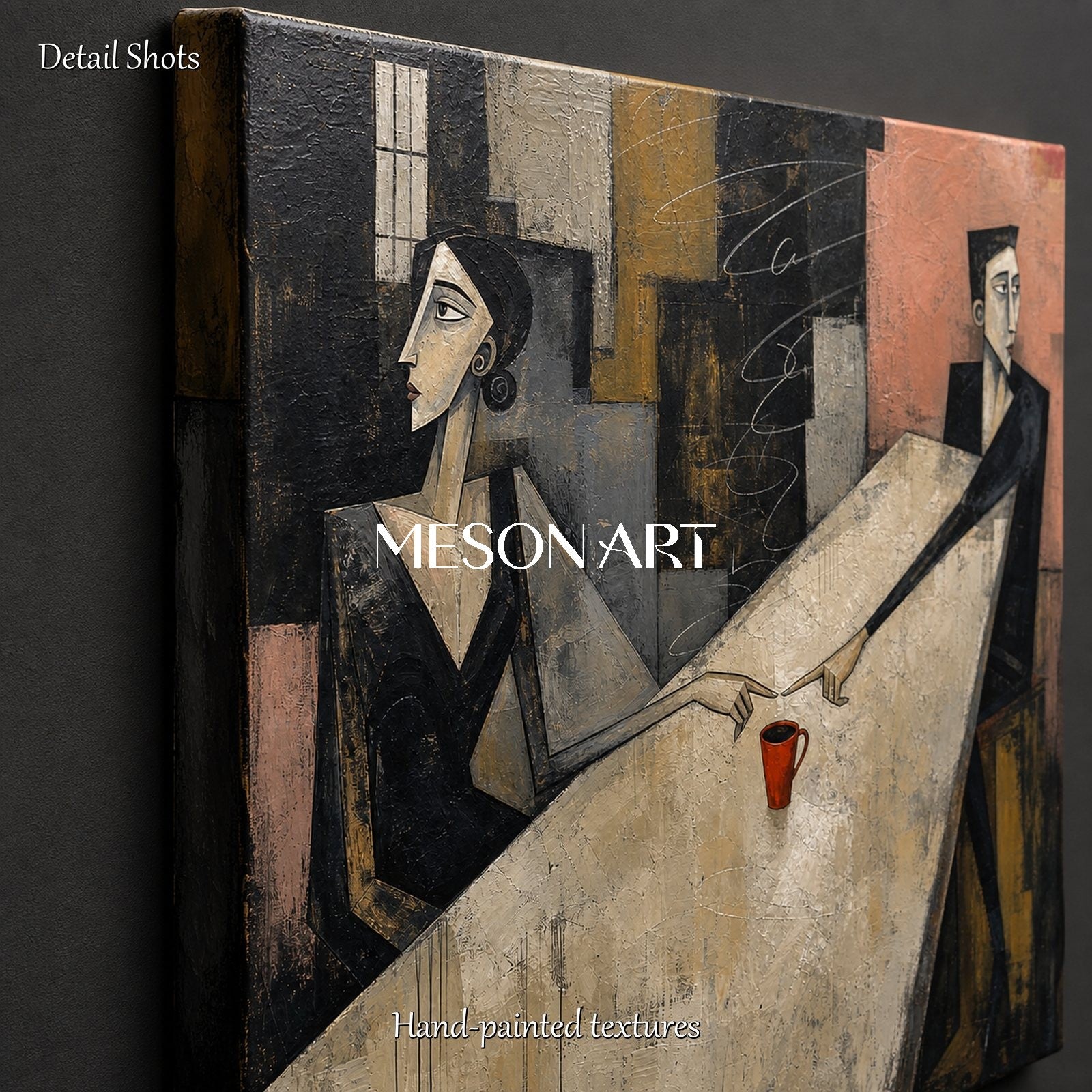 Beige And Black Cubist Abstract Art Square Canvas Painting Original Artist Hand Painted By Mesonart