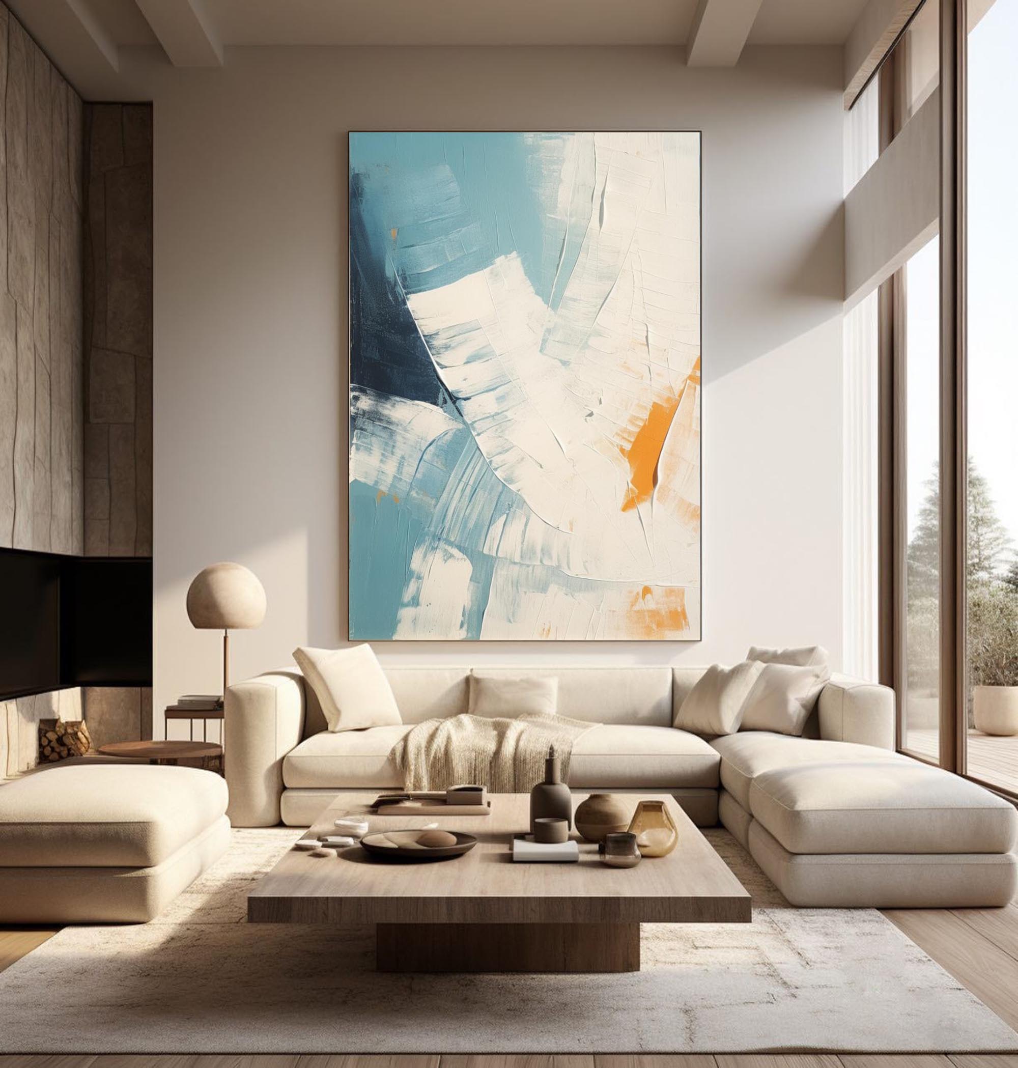 Blue and White Minimalist Wall Art Blue and White Texture Painting Living Room Minimalist Wall Decor