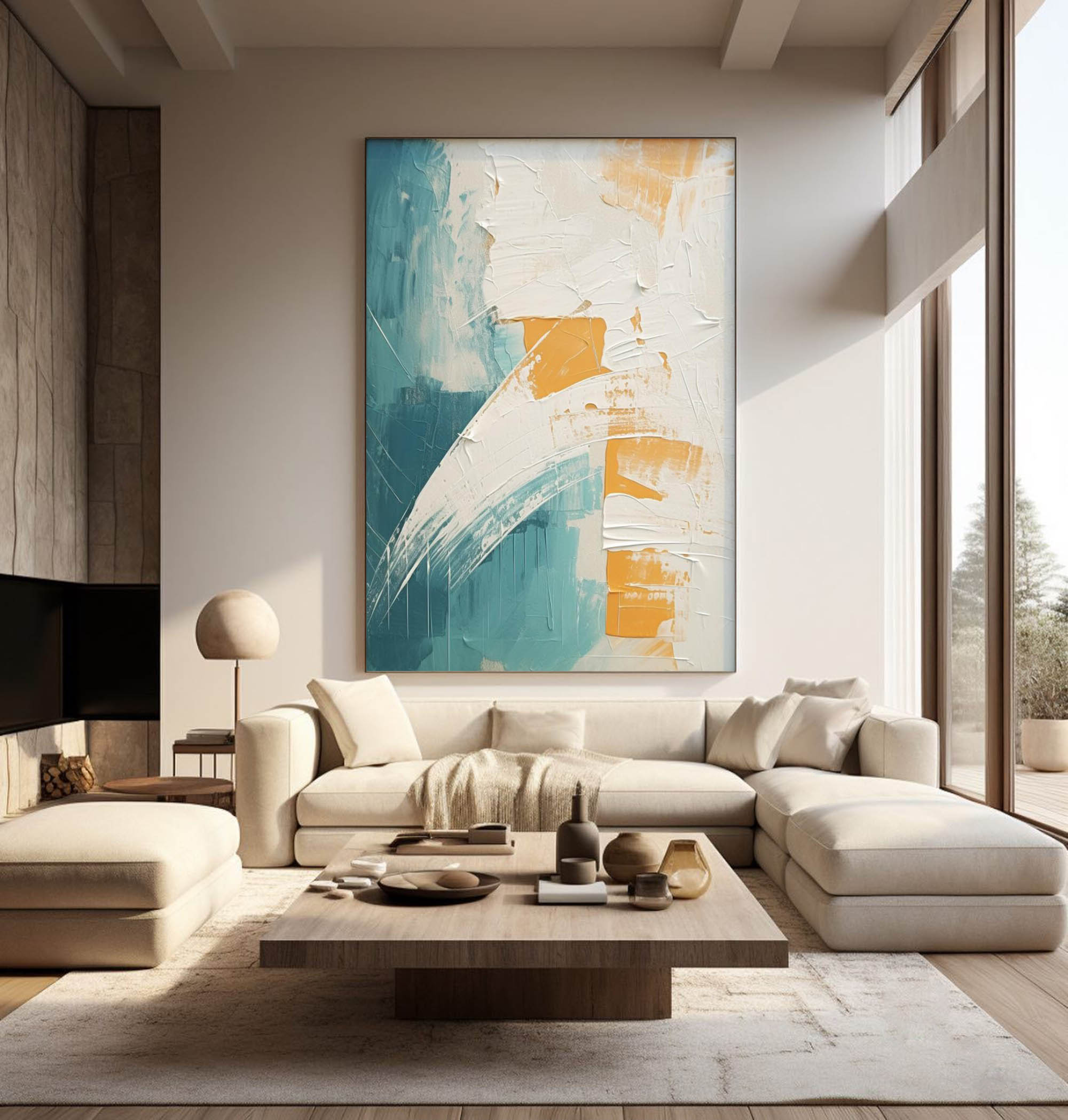 White and Blue Texture Painting Living Room Minimalist Wall Decor White and Blue Minimalist Canvas Wall Art
