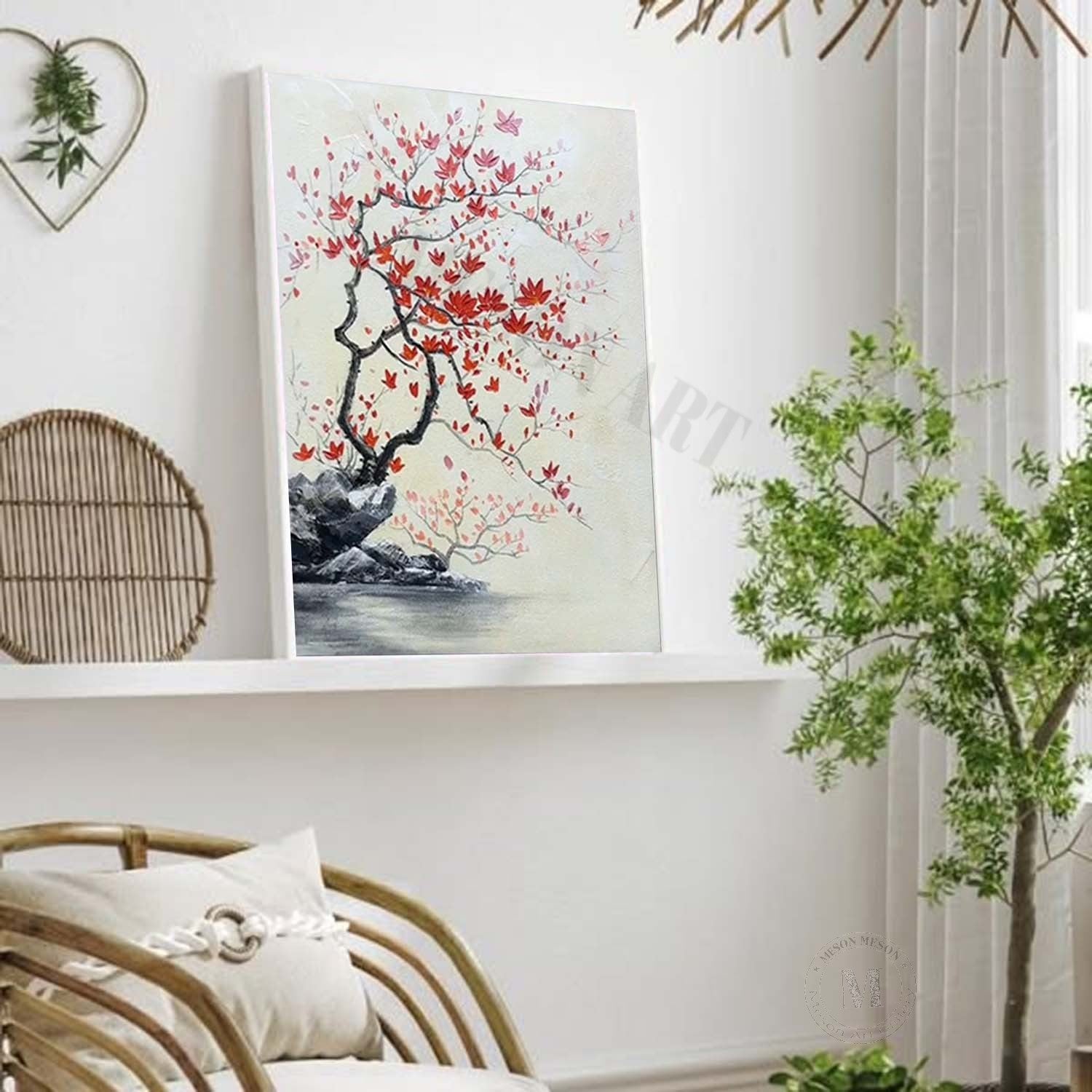Red Flower Texture Painting Wabi-Sabi Wall Art Japanese Flower Painting on Canvas