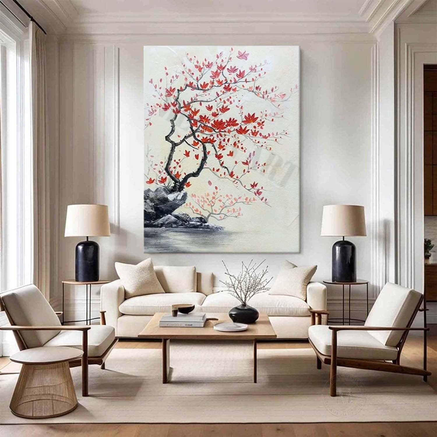 Red Flower Texture Painting Wabi-Sabi Wall Art Japanese Flower Painting on Canvas