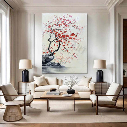 Red Flower Texture Painting Wabi-Sabi Wall Art Japanese Flower Painting on Canvas