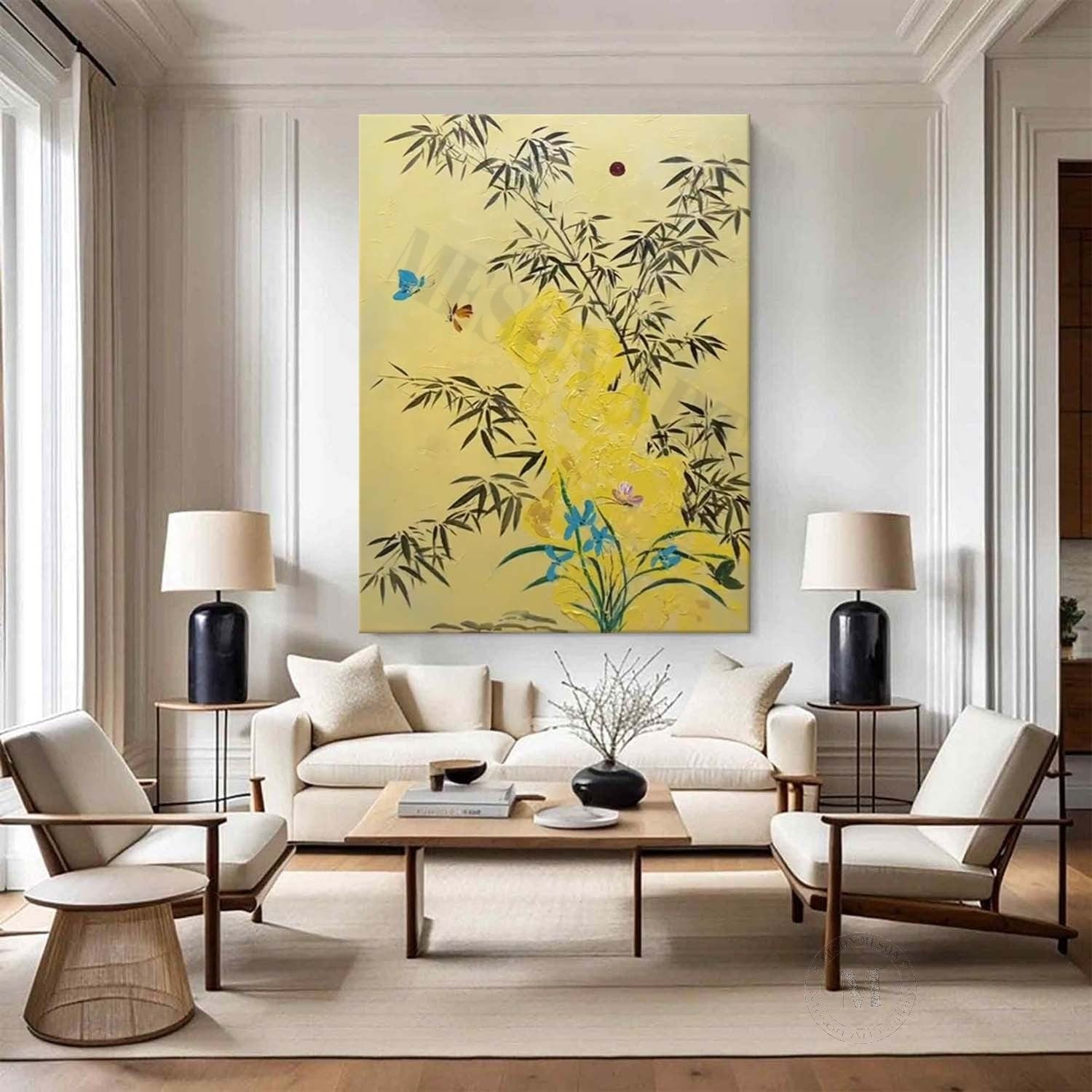 Beige and Yellow Texture Painting Green Bamboo Art Canvas Bamboo Decorative Wall Painting