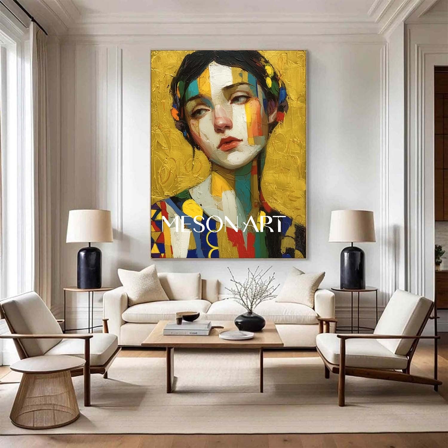 Klimt-inspired Abstract Art Portrait Vibrant Gold Textured Canvas