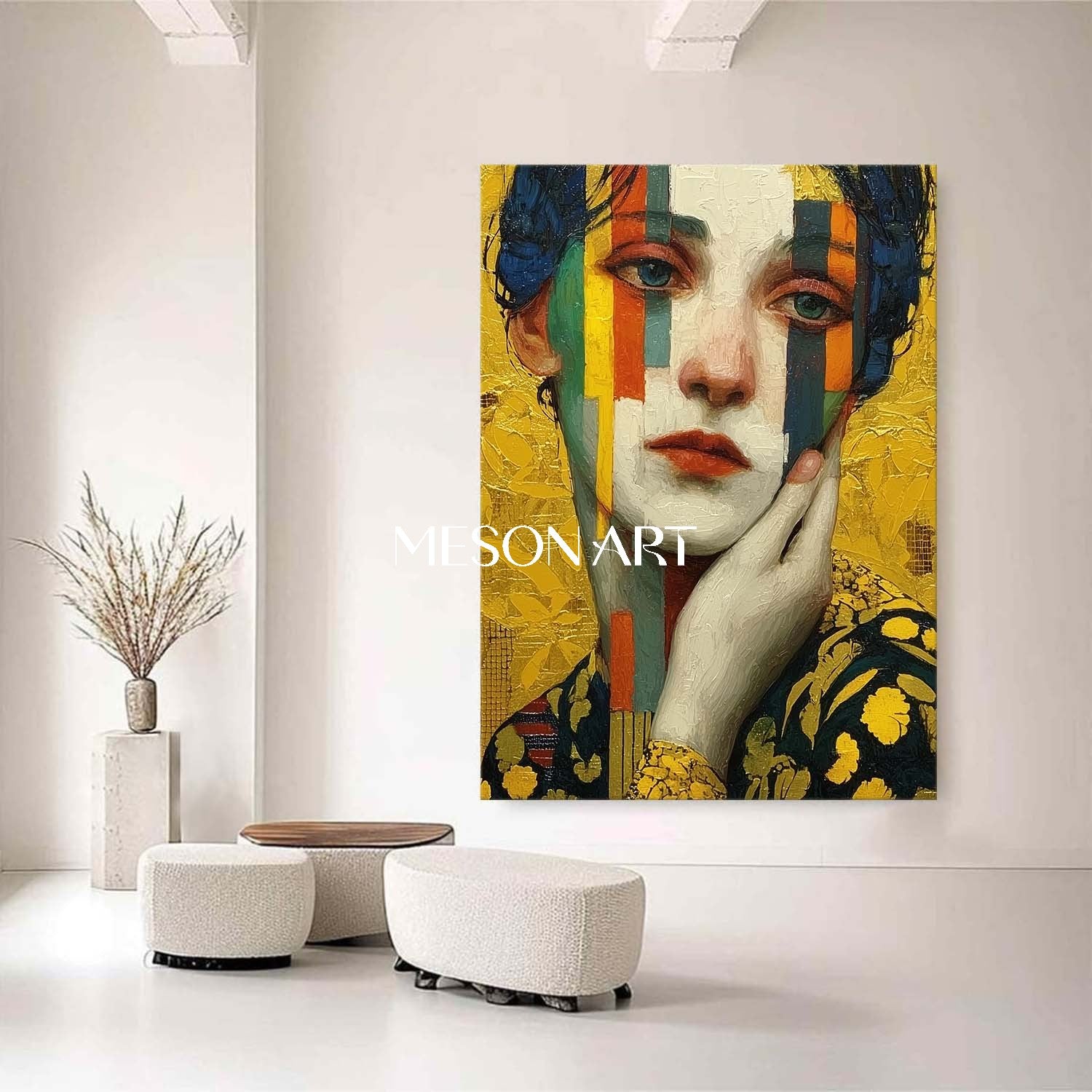 Gold Neo-Deco Klimt Inspired Abstract Painting Entryway Wall Art Decor