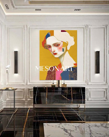 Yellow Contemporary Handmade Painting Framed Dining Room Wall Art