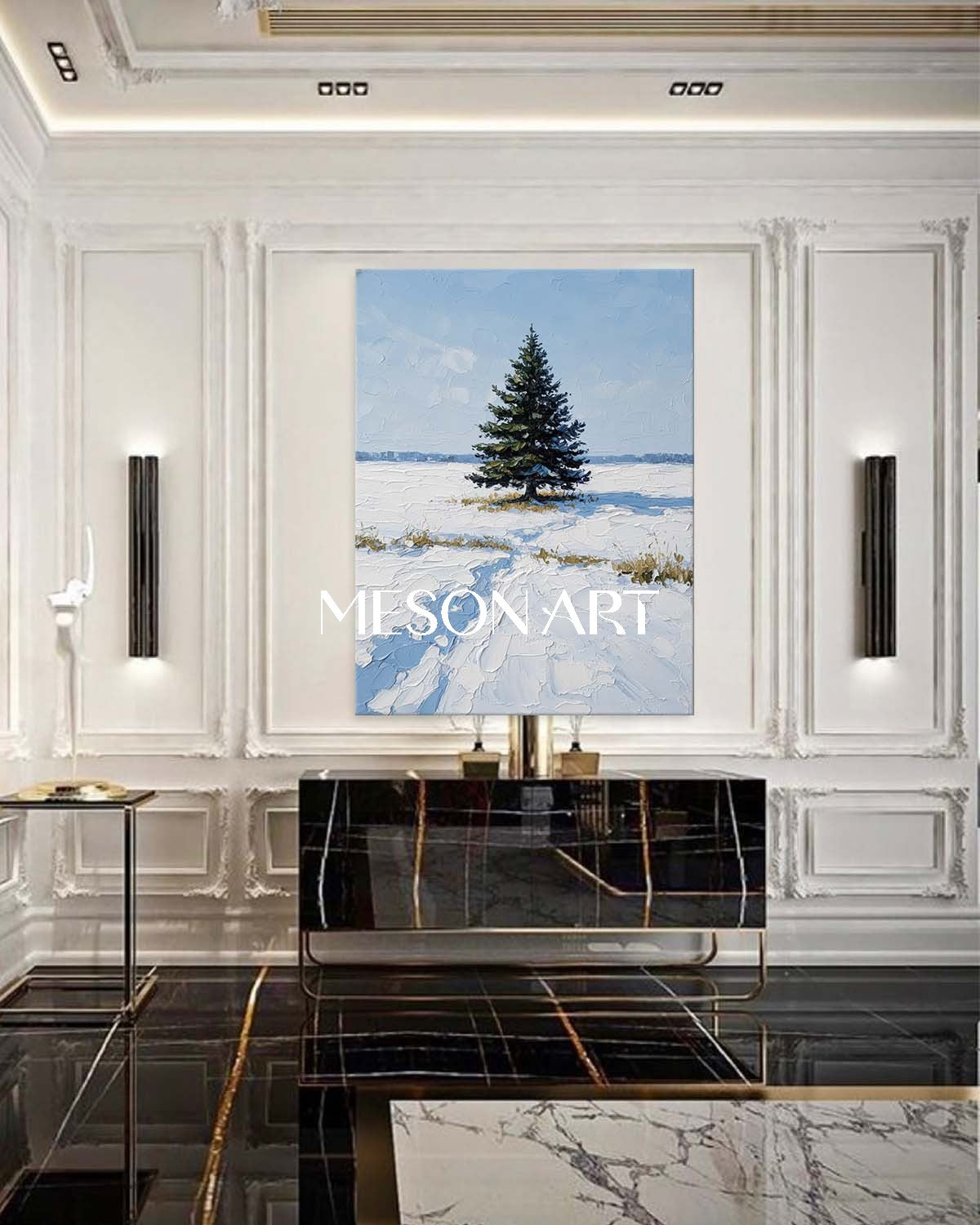 Abstract Lonely Christmas Tree Winter Art Snowscape Ready to Hang