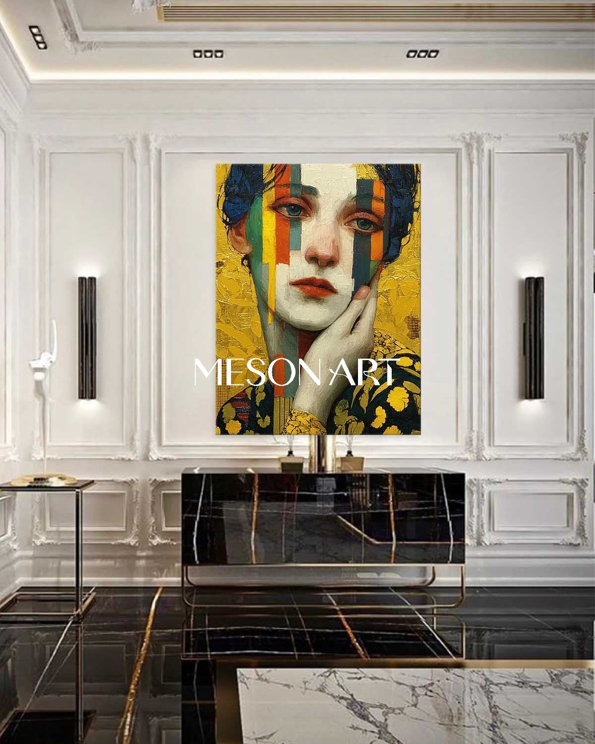 Gold Neo-Deco Klimt Inspired Abstract Painting Entryway Wall Art Decor