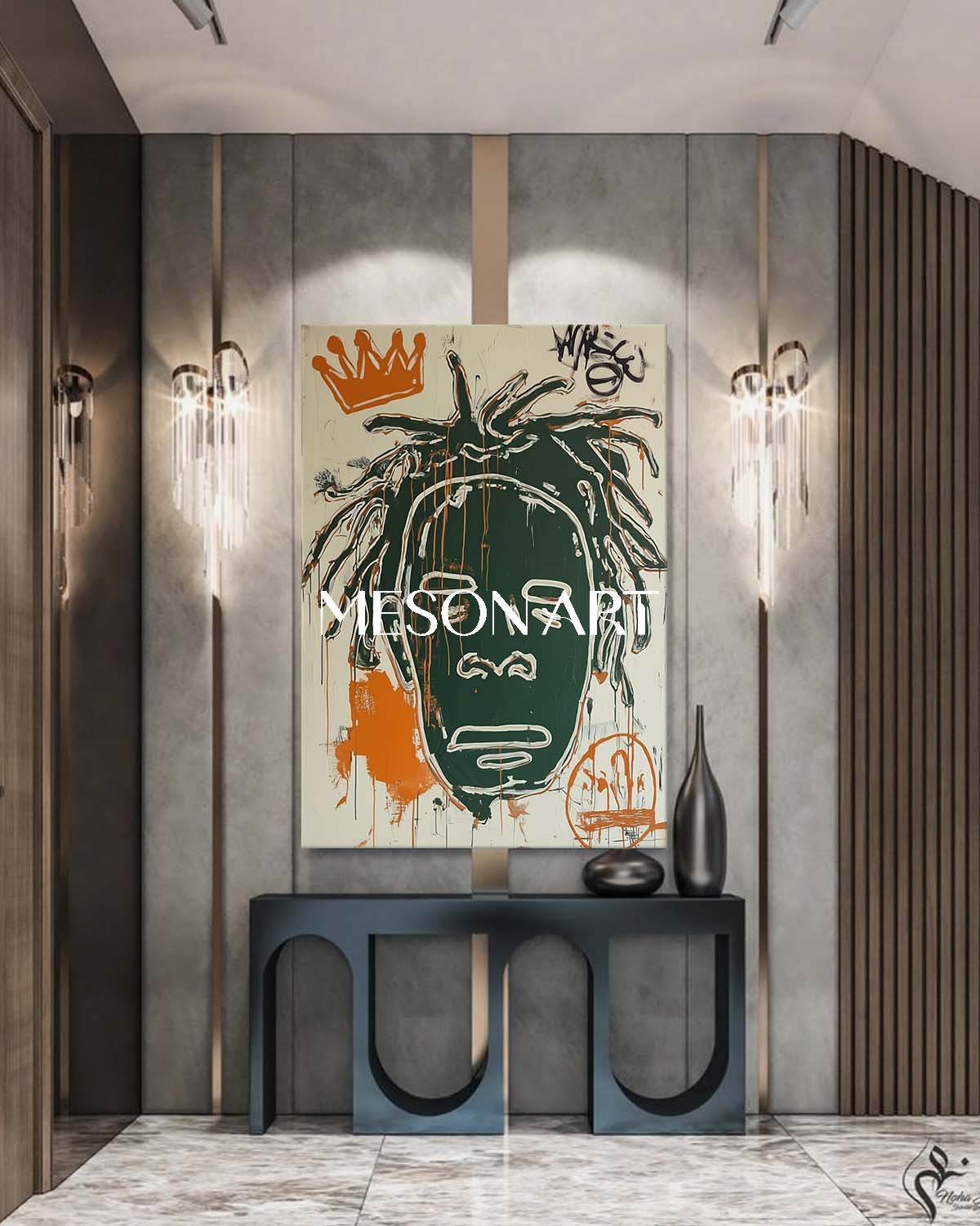 バスキア風抽象肖像画ストリートアート油絵リビングルーム – MesonArt
