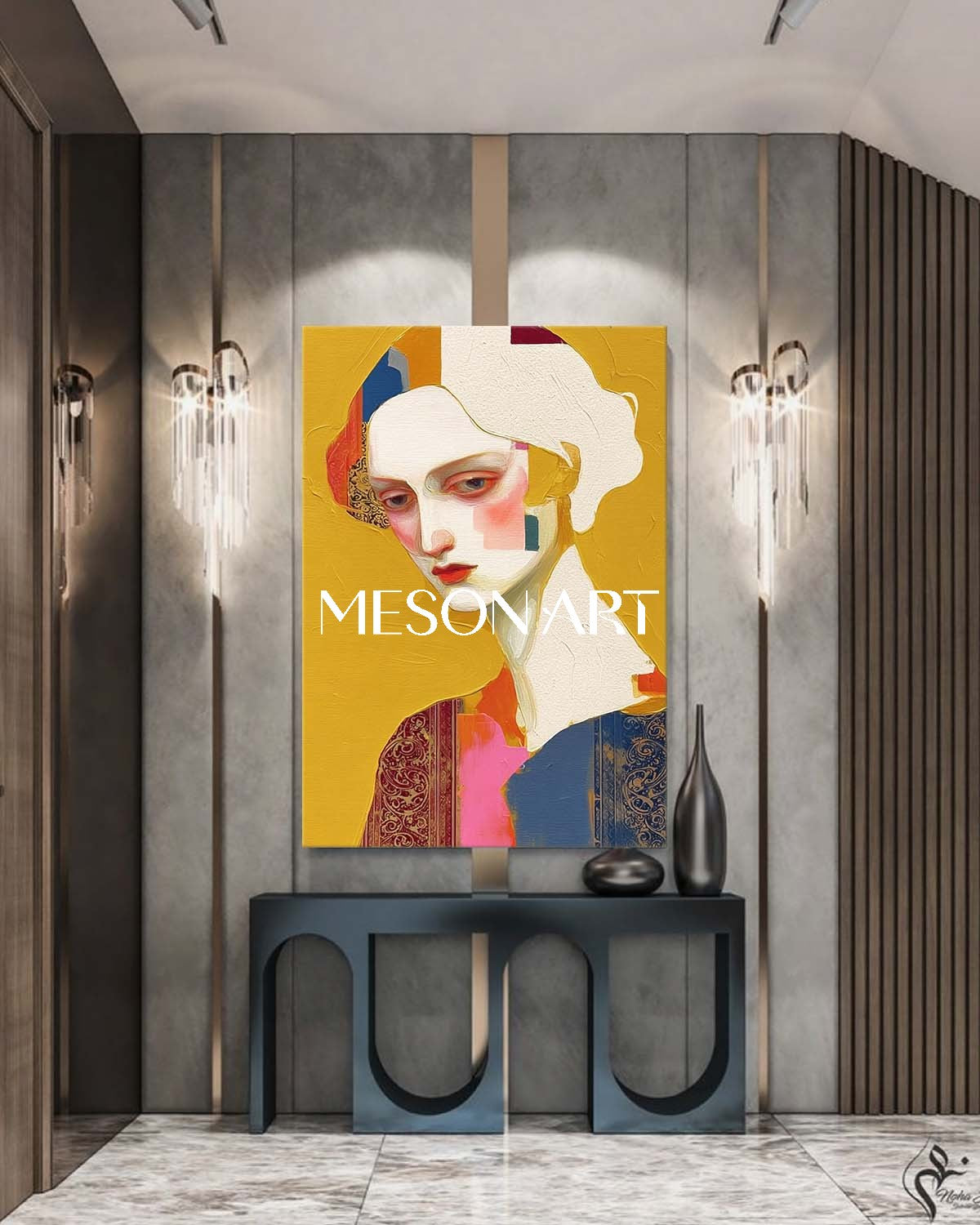 Yellow Contemporary Handmade Painting Framed Dining Room Wall Art