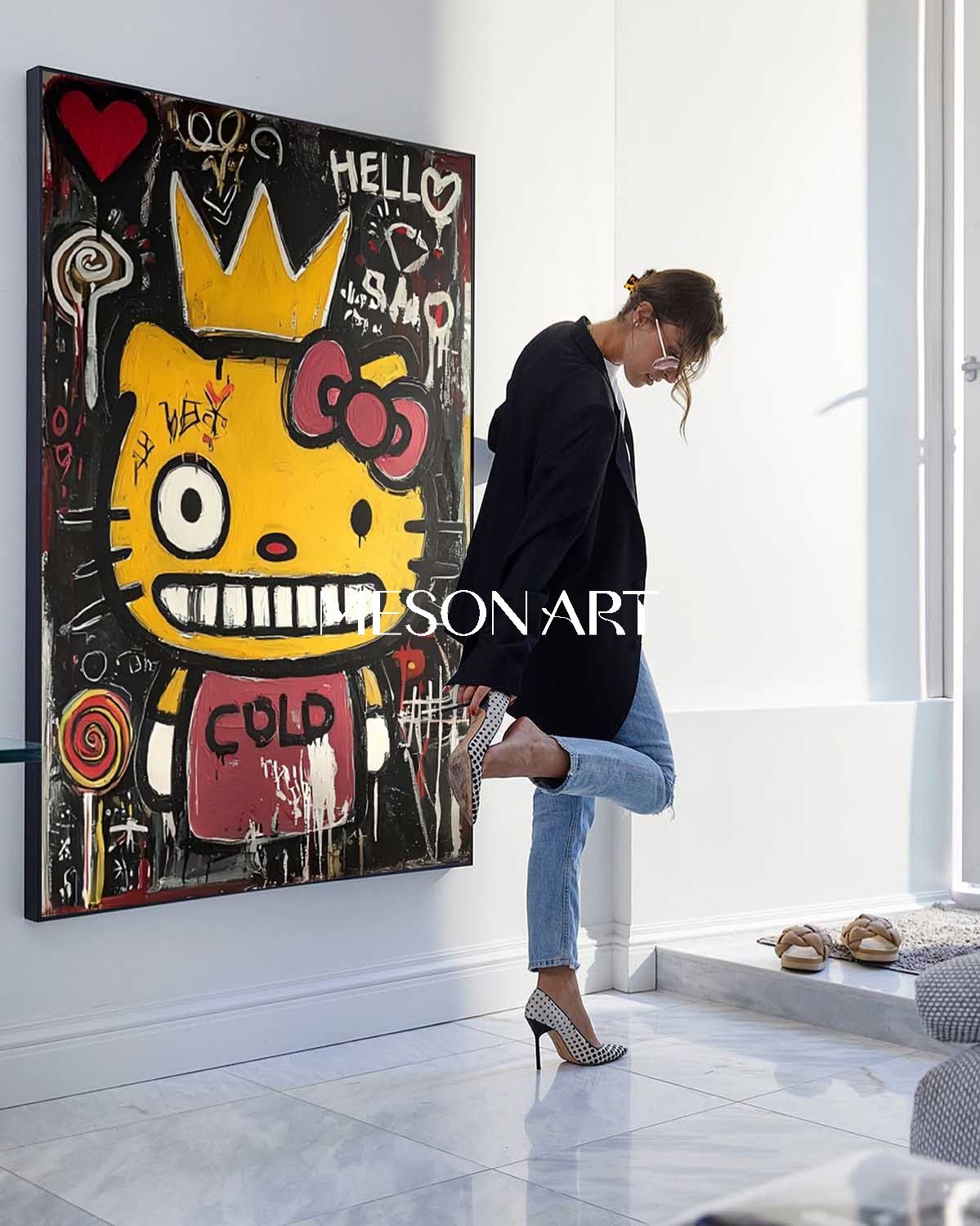 Yellow Urban Street Art Cat Original Painting Large Wall Art