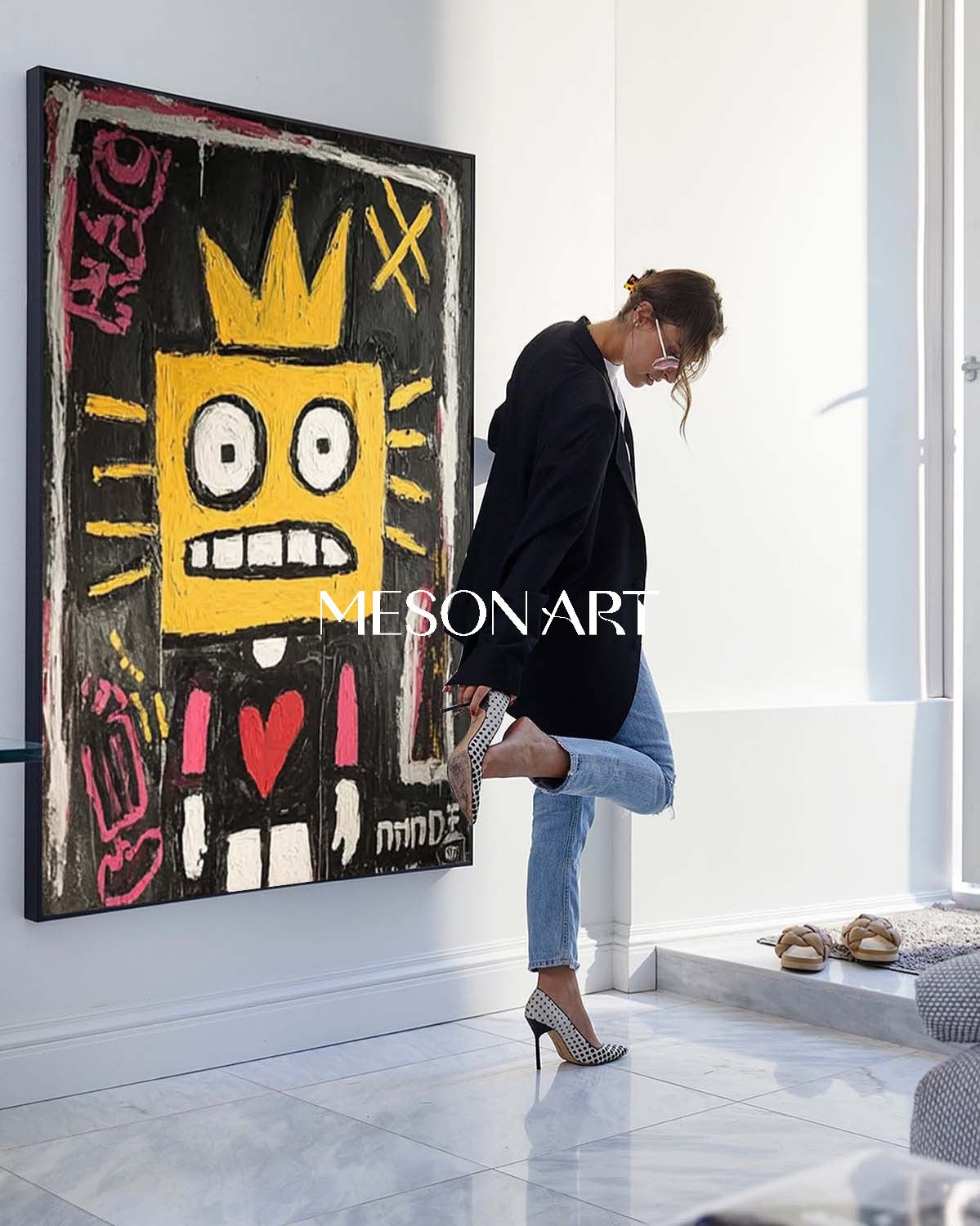 Hand-painted Yellow Square Face Neo Expressionism Original Oil Painting