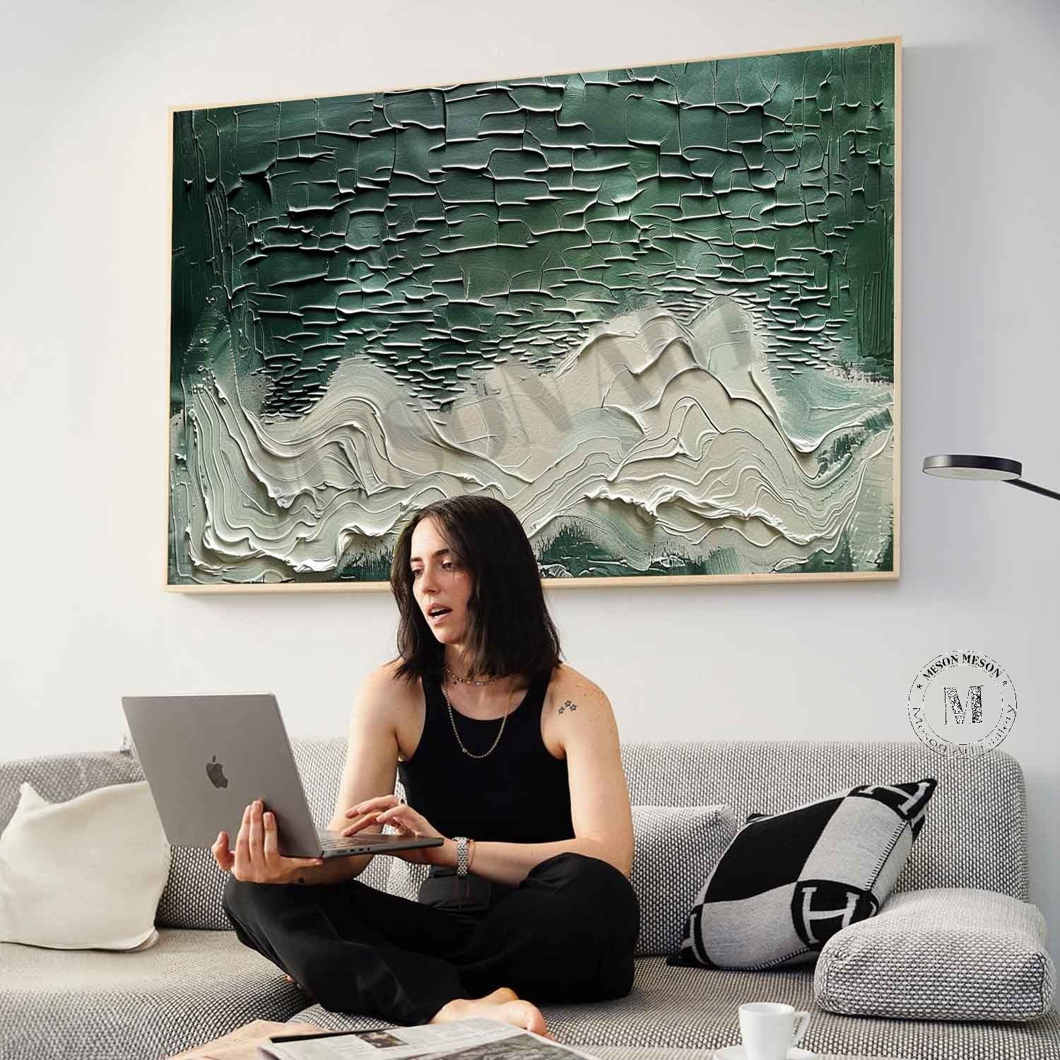 Large 3D White and Green Abstract Textured Canvas Art Green and White Abstract Wall Art for Sale