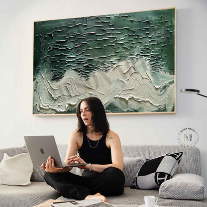 Large 3D White and Green Abstract Textured Canvas Art Green and White Abstract Wall Art for Sale