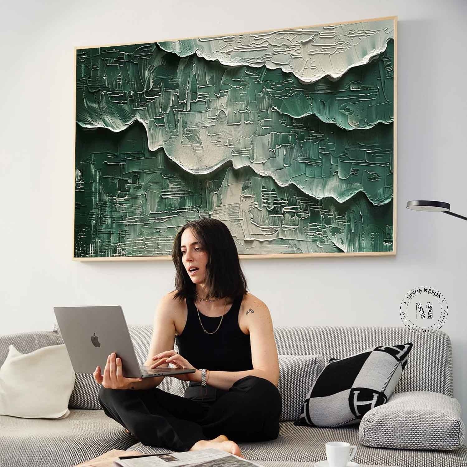Large Green and White Abstract Wall Art for Sale White and Green Abstract Textured Canvas Painting