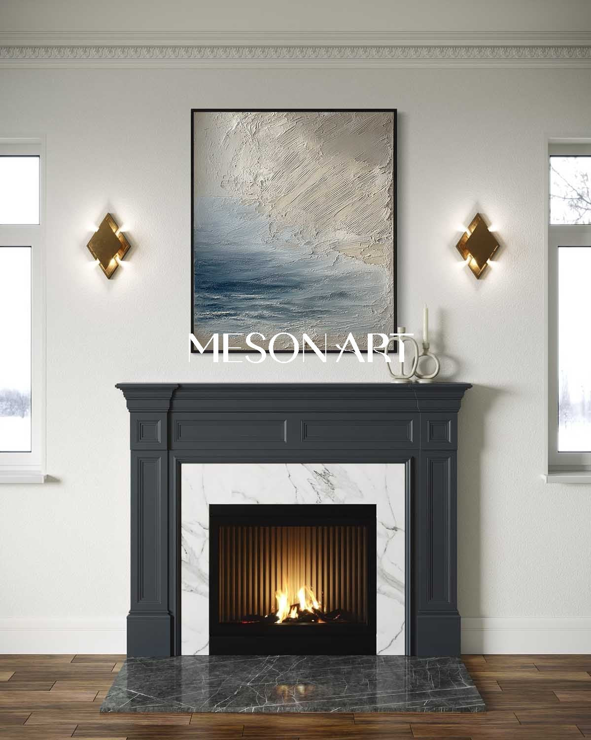 Large 3D Blue And Beige Abstract Canvas Art Abstract Sea Texture Paintings Sea Wall Art Decor