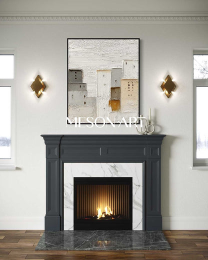 Large 3D City Texture Painting Cream Minimalist City Abstract Canvas Art Urban Minimalist Wall Art