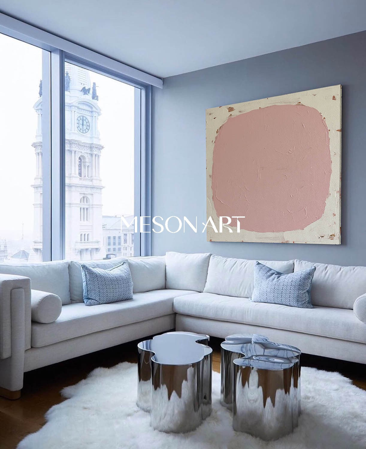 Pink Contemporary Minimalist Hand Painted Textured Canvas Living Room