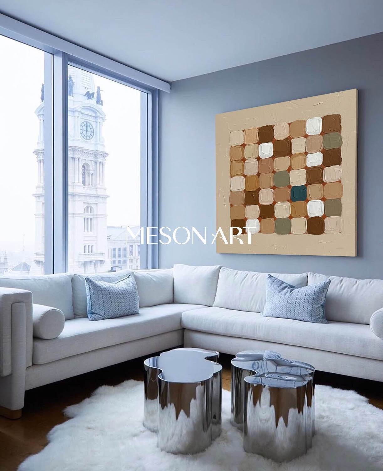 Beige Brown Abstract Geometric Canvas Framed Dining Room Wall Decor