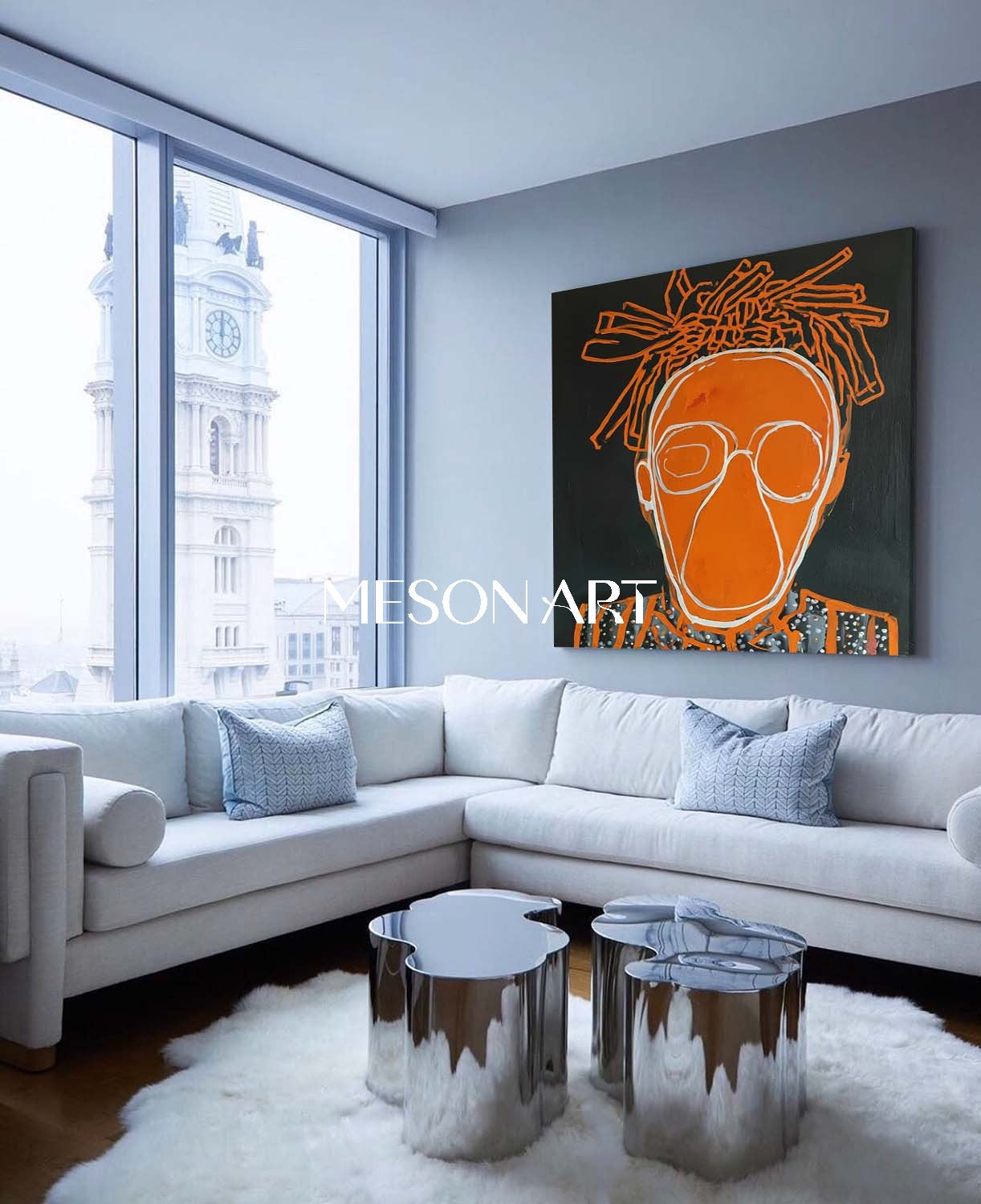 Modern Street Art Portrait Orange Textured Handmade Canvas Entryway