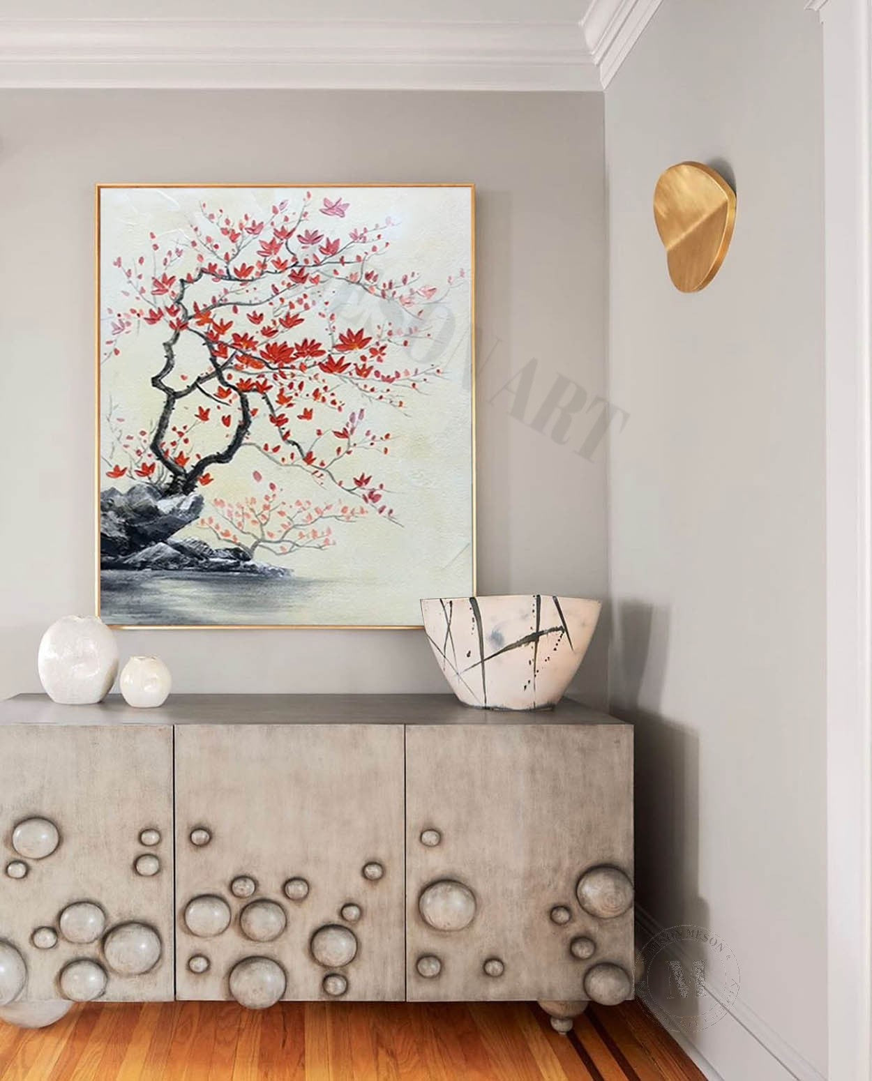 Red Flower Texture Painting Wabi-Sabi Wall Art Japanese Flower Painting on Canvas
