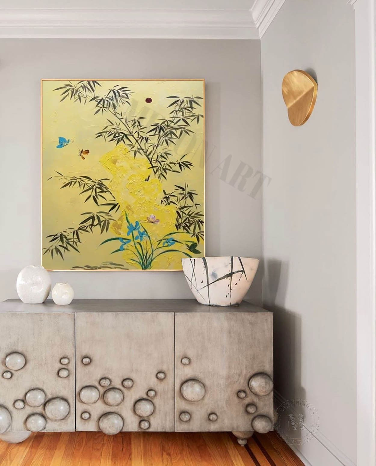 Beige and Yellow Texture Painting Green Bamboo Art Canvas Bamboo Decorative Wall Painting