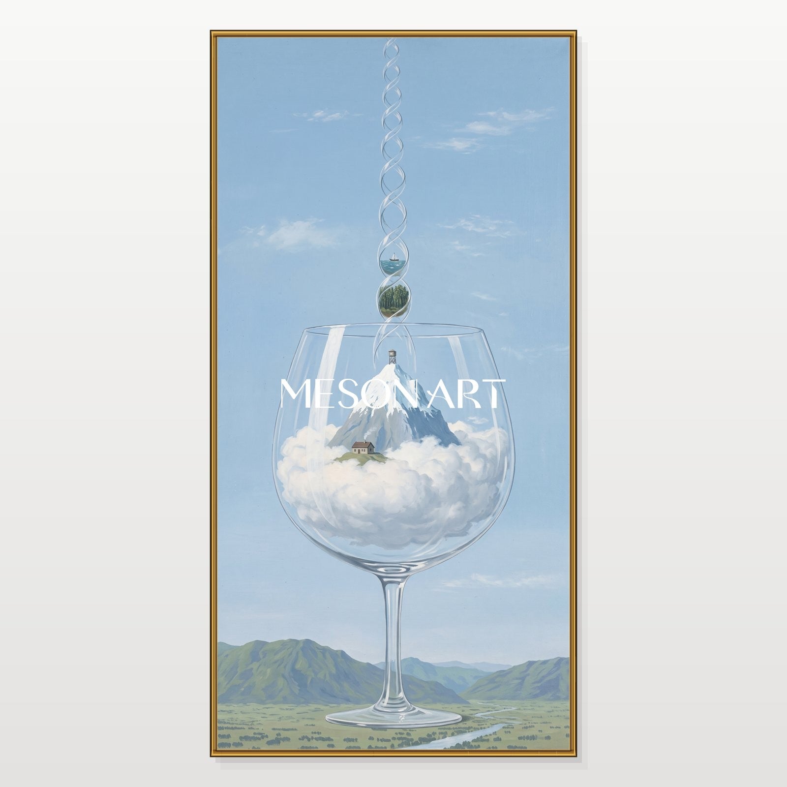 Surrealist Landscape Oil Painting With Glass And Mountains For Modern Living Room Decor