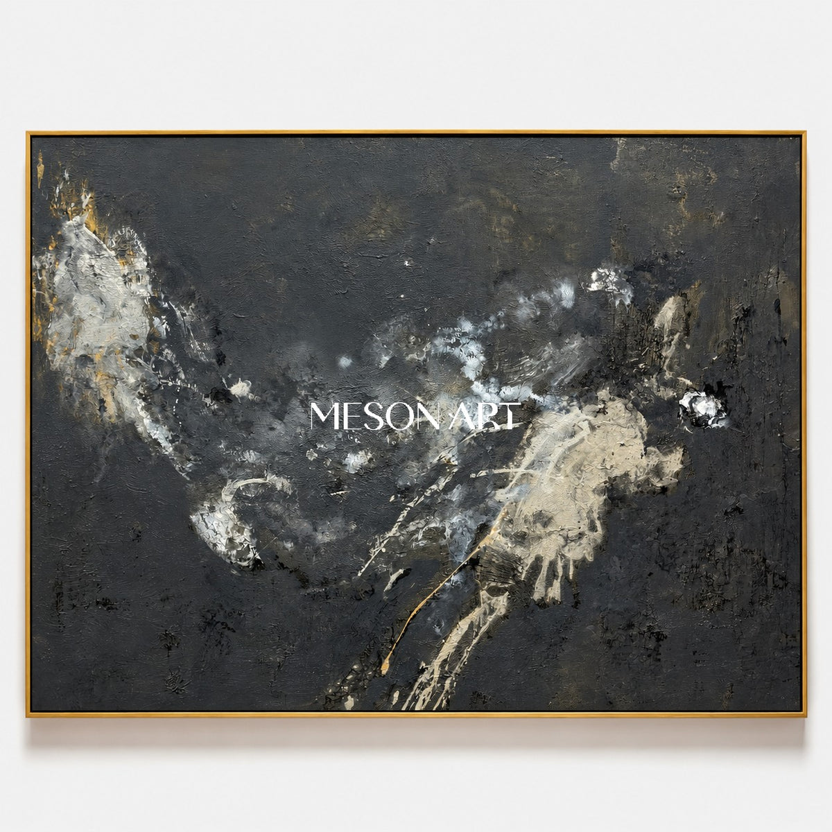 Black And Gold Abstract Art Rectangular Wall Decor Modern Mixed Media Painting Original Artist By Mesonart
