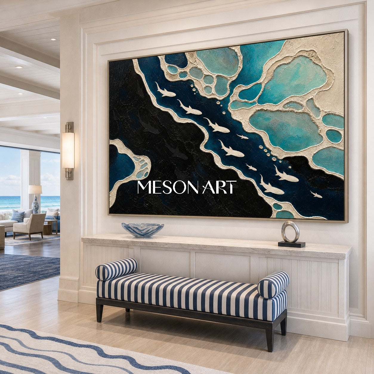 Deep Ocean Shark Migration Abstract Art For Modern Living Room Decor