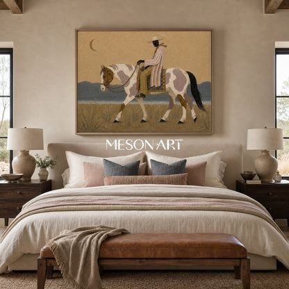 Moonlit Cowboy Horse Painting Textured Western Art For Living Room Decor